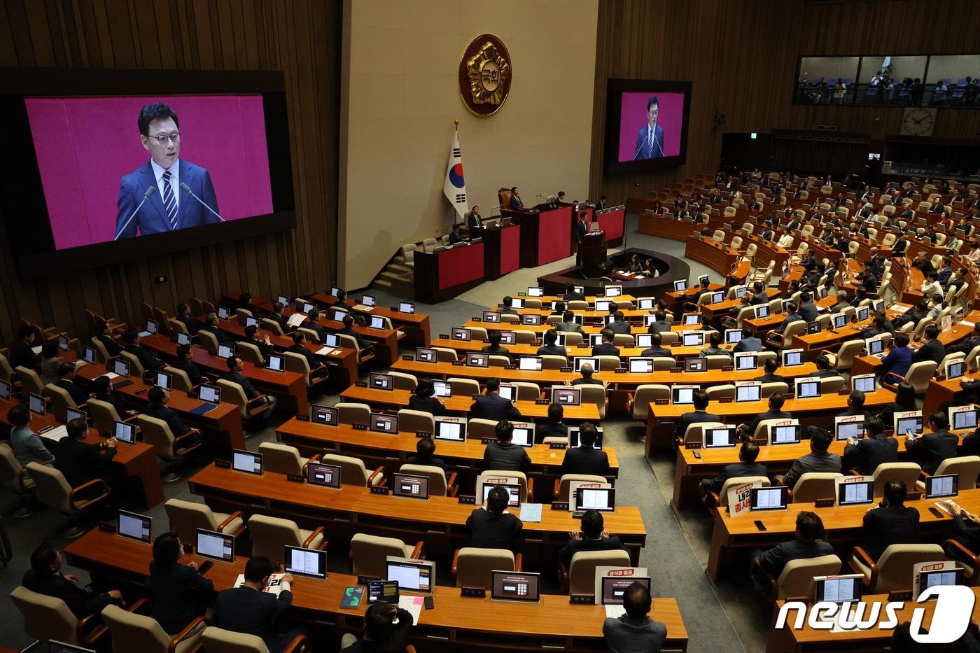 박광온 더불어민주당 원내대표가 18일 오전 서울 여의도 국회에서 열린 제410회국회&#40;정기회&#41; 제6차 본회의에서 교섭단체 대표연설을 하고 있다. 2023.9.18/뉴스1 ⓒ News1 황기선 기자