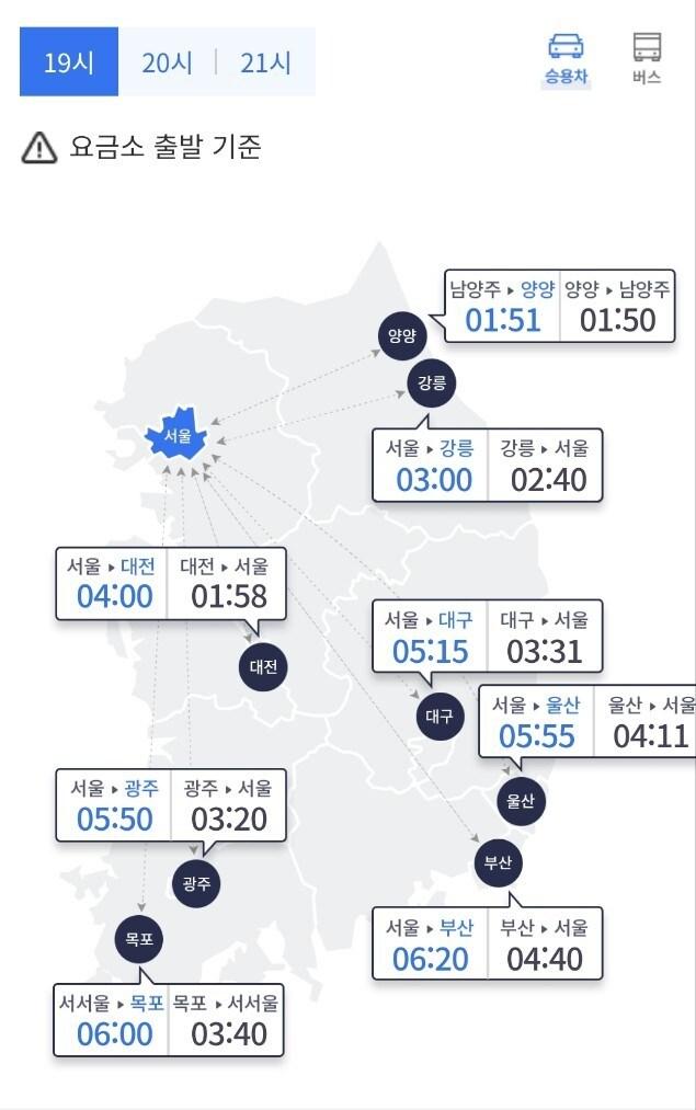 9월27일 오후7시 기준 주요 도시간 예상 소요시간&#40;승용차 기준&#41;&#40;한국도로공사 ROAD PLUS갈무리&#41; ⓒ 뉴스1