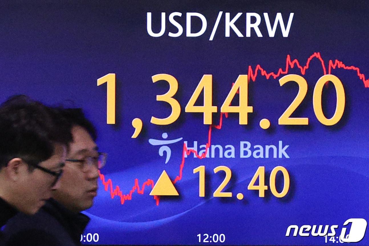 지난 17일 서울 중구 하나은행 딜링룸에서 직원들이 업무를 보고 있다. 이날 환율은 전날보다 12.4원 오른 1344.20원으로 거래를 마쳤다. &#40;자료사진&#41; /뉴스1