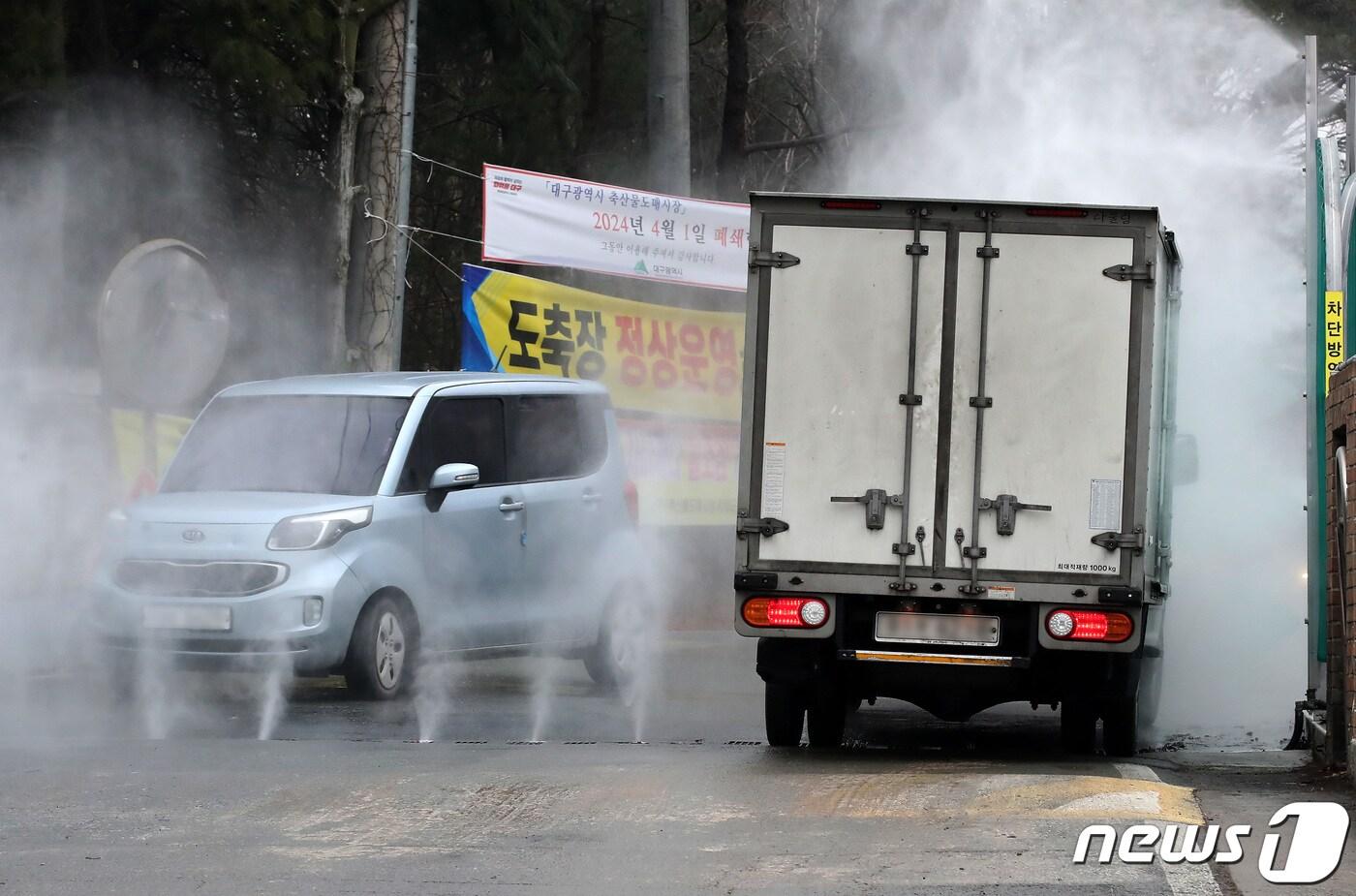 지난 1월 18일 오후 대구 북구 검단동 축산물도매시장 입구에서 출입 차량에 대한 소독이 진행되고 있다. 2024.1.18/뉴스1 ⓒ News1 공정식 기자