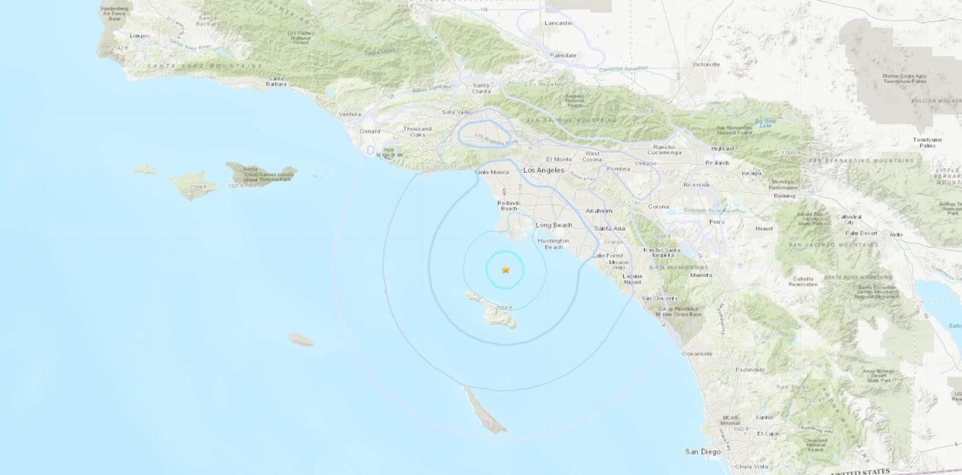 1일&#40;현지시간&#41; 미국 로스앤젤레스 앞바다에서 발생한 규모 4.1 지진의 진앙을 표시한 지도. &#40;출처 : 미국 지질조사국&#41; 2024.01.01/