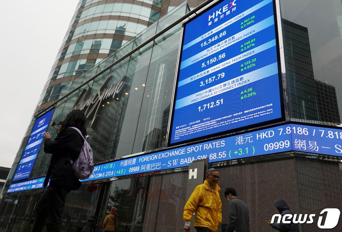 People walk past screens displaying the Hang Seng stock index and stock prices outside the Exchange Square in Hong Kong, China January 23, 2024. REUTERS/Joyce Zhou ⓒ 로이터=뉴스1