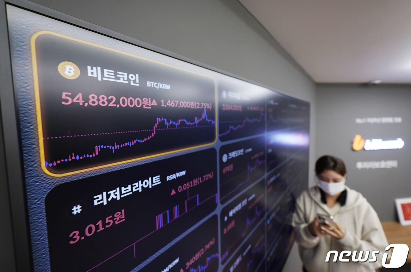 비트코인 현물 상장지수펀드&#40;ETF&#41;가 미국 증시에 상장한 후 비트코인 가격이 20% 이상 급락하다 소폭 상승한 24일 서울 서초구 빗썸 고객센터 전광판에 비트코인 시세가 나오고 있다. 2024.1.24/뉴스1 ⓒ News1 김민지 기자