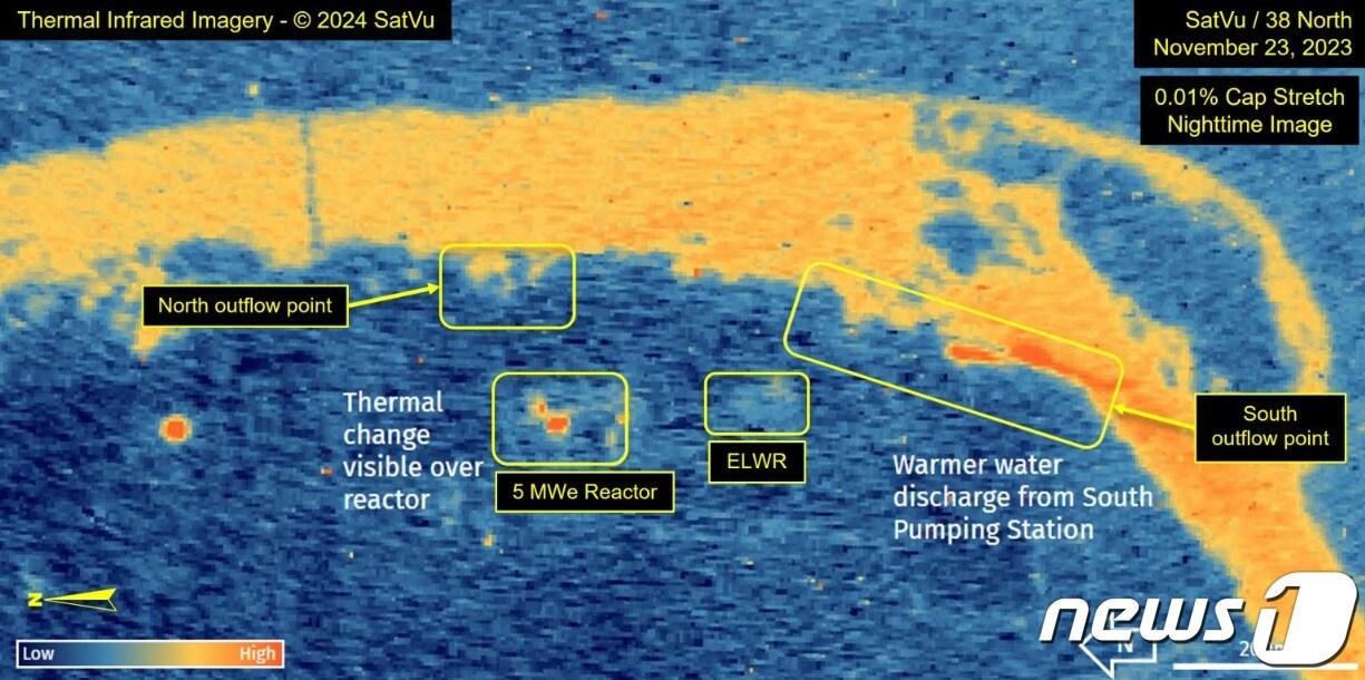 북한전문매체 38노스는 영변 핵시설을 촬영한 고해상도 열화상 이미지를 바탕으로 ELWR 원자로 격납건물의 온도가 크게 감소한 것으로 나타났다고 전했다. 38노스는 ELWR에 연결된 배전 시설에서 열 신호가 감지됐고, 냉각 라인에서 열수가 지속해서 배출되고 있다고 했다.&#40;38노스 갈무리&#41;