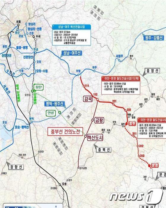  29일 충북 음성군은 중부내륙선철도 지선 건설 사업 타당성을 확보했다고 밝혔다. 사진은 중부내륙선철도 지선 노선안.&#40;자료사진&#41;2024.1.29/뉴스1