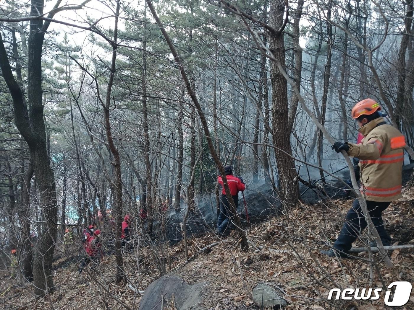 부산소방이 사하구 천마산에서 잔불을 끄고 있다. &#40;부산소방재난본부 제공&#41;