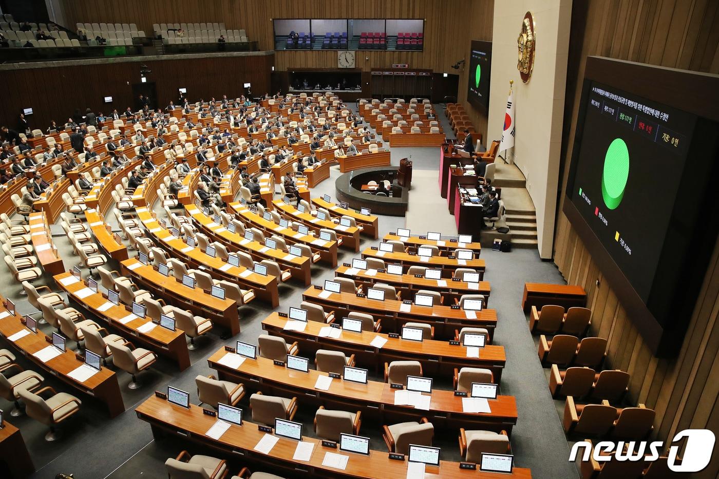 9일 오후 서울 여의도 국회 본회의장에서 열린 제411회국회&#40;임시회&#41; 제4차 본회의에서 10·29이태원참사 피해자 권리보장과 진상규명 및 재발방지를 위한 특별법안에 대한 수정안이 재적 298인, 재석 177인, 찬성 177인, 반대 0인, 기권 0인으로 가결되고 있다. 임세영 기자&#40;사진은 기사 내용과 무관함&#41; / 뉴스1 ⓒ News1