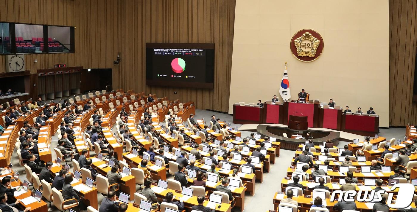 9일 오후 서울 여의도 국회 본회의장에서 열린 제411회 국회&#40;임시회&#41; 제4차 본회의에서 &#39;김건희 여사 도이치모터스 주가조작 의혹 진상규명을 위한 특검 임명등에 관한 법률안 재의의 건&#39;에 대한 의사일정 변경 동의의 건이 재석 282명 중 찬성 107표, 반대 173표로 부결되고 있다. 2024.1.9/뉴스1 ⓒ News1 이승배 기자