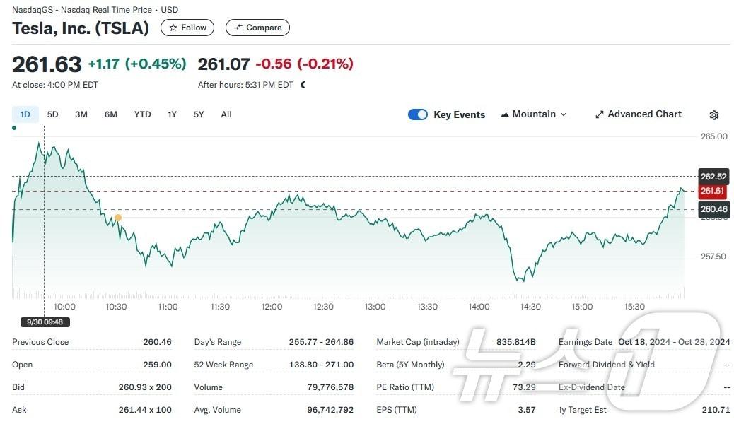 테슬라 일일 주가추이 - 야후 파이낸스 갈무리