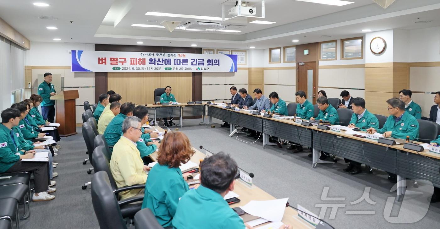 심민 전북자치도 임실군수가 벼멸구 피해 확산에 따른 긴급회의를 주재하고 있다.&#40;임실군 제공&#41;/뉴스1 