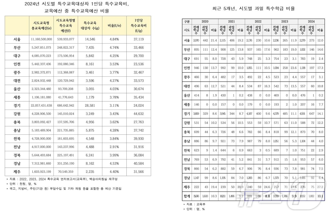 전국 특수교육 예산과 과밀학급 현황.&#40;백승아 의원실 제공&#41;/뉴스1