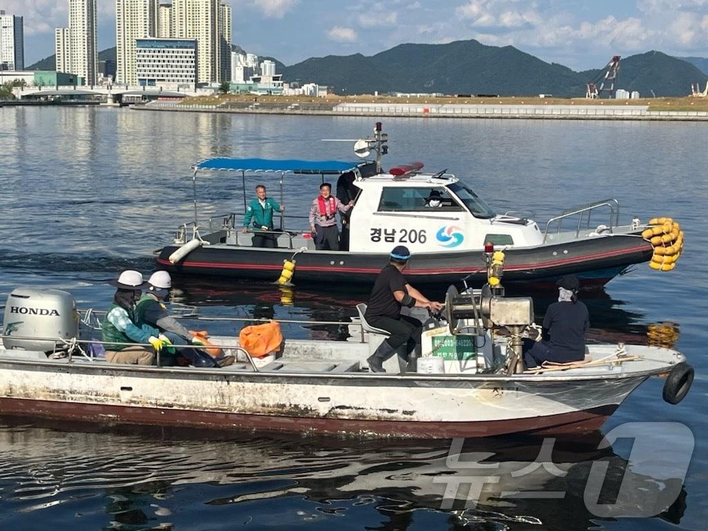 창원시 마산합포구 마산만 앞바다에서 선박들이 정어리떼를 흩트리는 소산작업을 하고 있다.&#40;창원시 제공&#41;