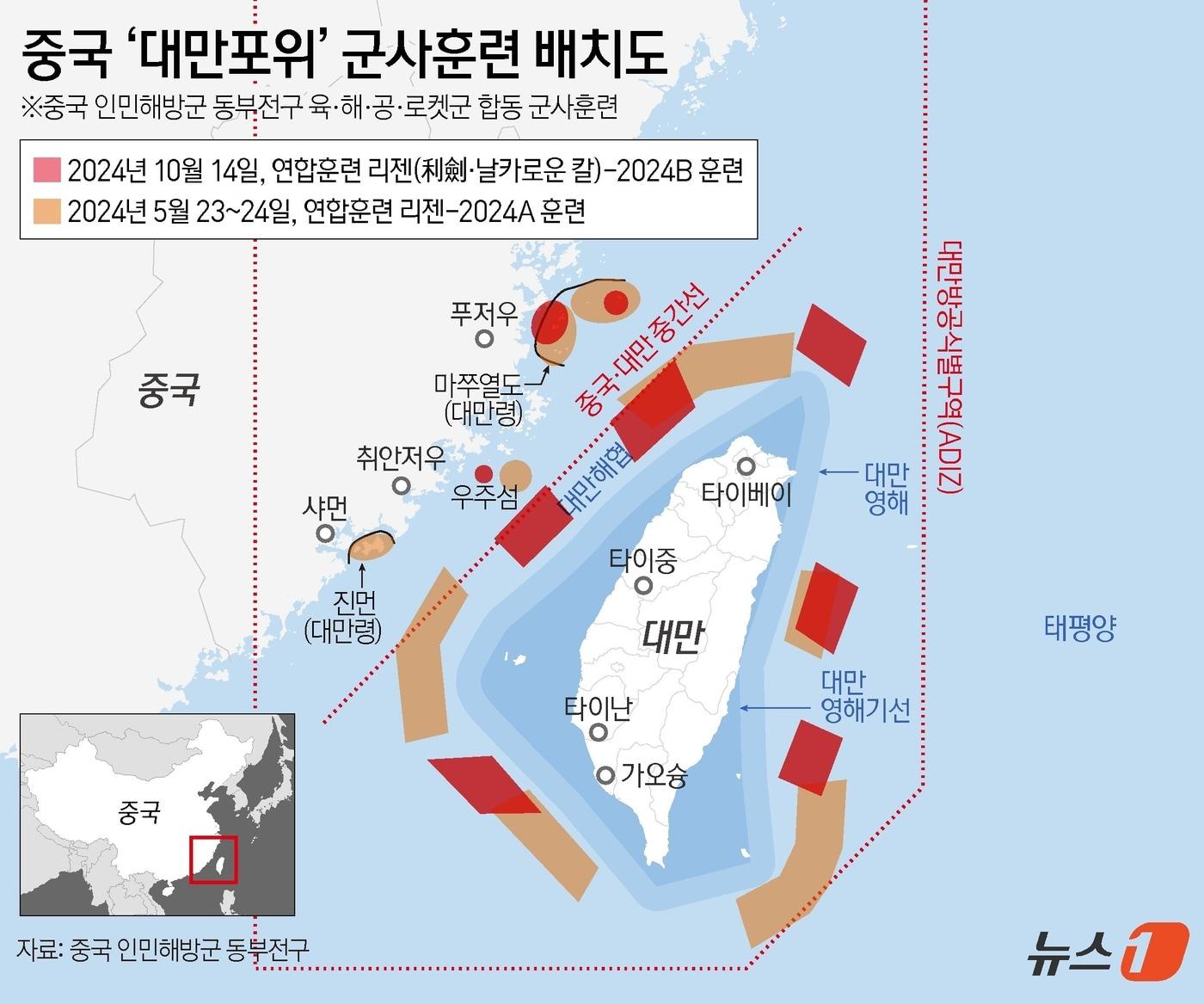 중국군이 14일 대만을 겨냥한 육군·해군·공군·로켓군을 동원한 군사 훈련을 실시한 데 이어 해경도 포위 순찰에 나선다. 이는 지난 5월 라이칭더 대만 총통 취임 연설을 문제 삼아 포위 훈련을 진행한 지 약 5개월 만이다. ⓒ News1 김지영 디자이너