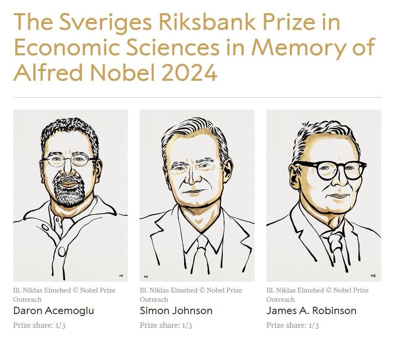 올해 노벨경제학상 수상자들. 대런 애쓰모글루, 사이먼 존슨, 제임스 로빈슨&#40;노벨상 공식 사이트  갈무리&#41; 