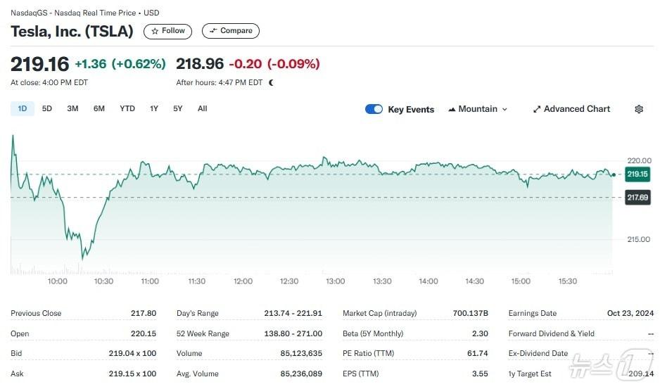 테슬라 일일 주가추이 - 야후 파이낸스 갈무리