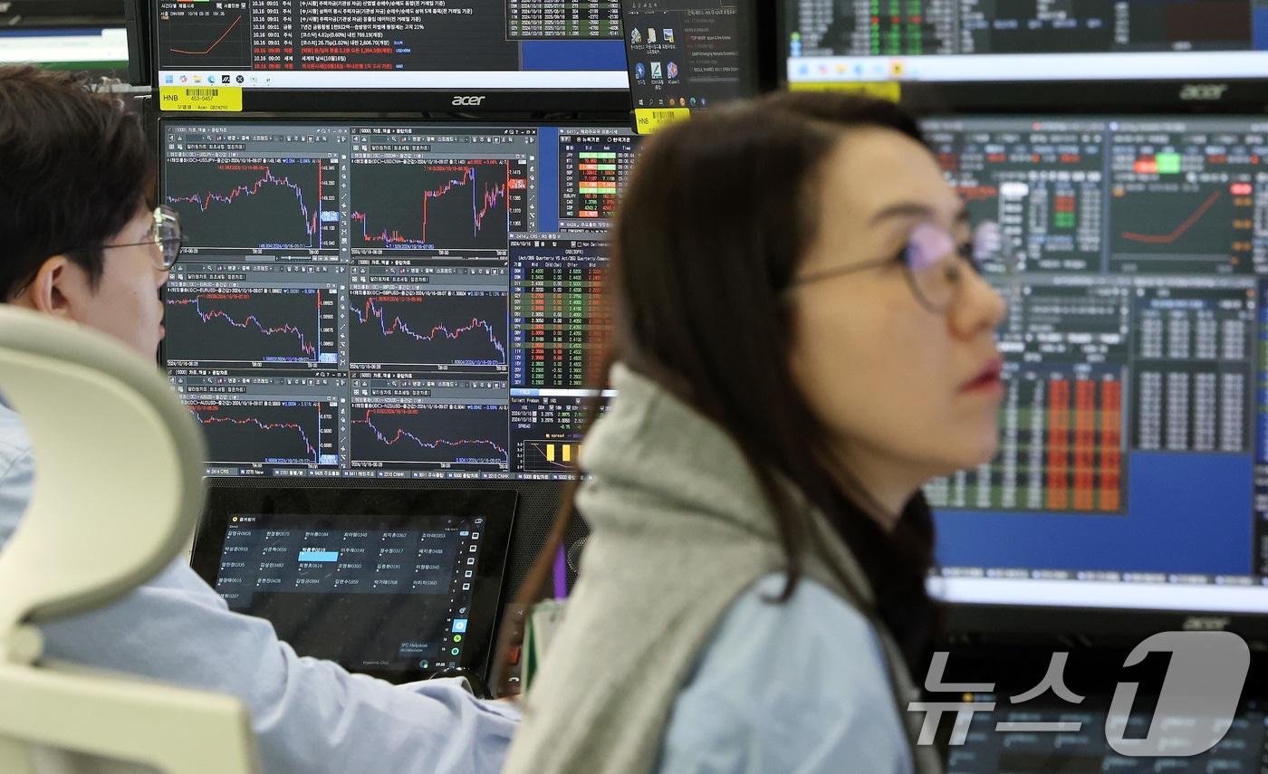 16일 오전 서울 중구 하나은행 본점 딜링룸에서 딜러들이 업무를 보고 있다. 이날 9시5분 기준 코스피는 전거래일 대비 27.56포인트&#40;p&#41;&#40;1.05%&#41; 하락한 2605.89, 코스닥은 전날 대비 5.46p&#40;-0.71%&#41; 하락한 768.35를 가리키고 있다. 원·달러 환율은 전거래일 대비 3.7원 오른 1365.0원에 출발했다. 2024.10.16/뉴스1 ⓒ News1 이동해 기자