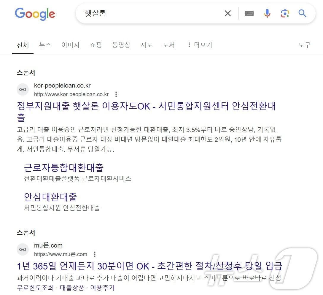 구글에서 &#39;햇살론&#39;을 검색한 화면 캡처