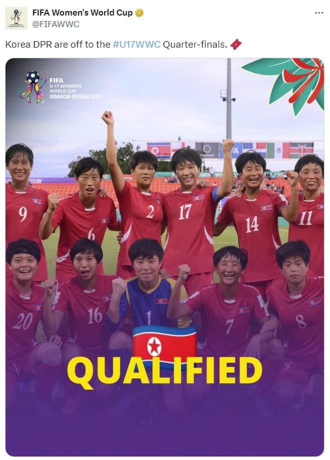 북한이 2024 FIFA U17 여자 월드컵 8강에 진출했다. &#40;FIFA SNS 캡처&#41;