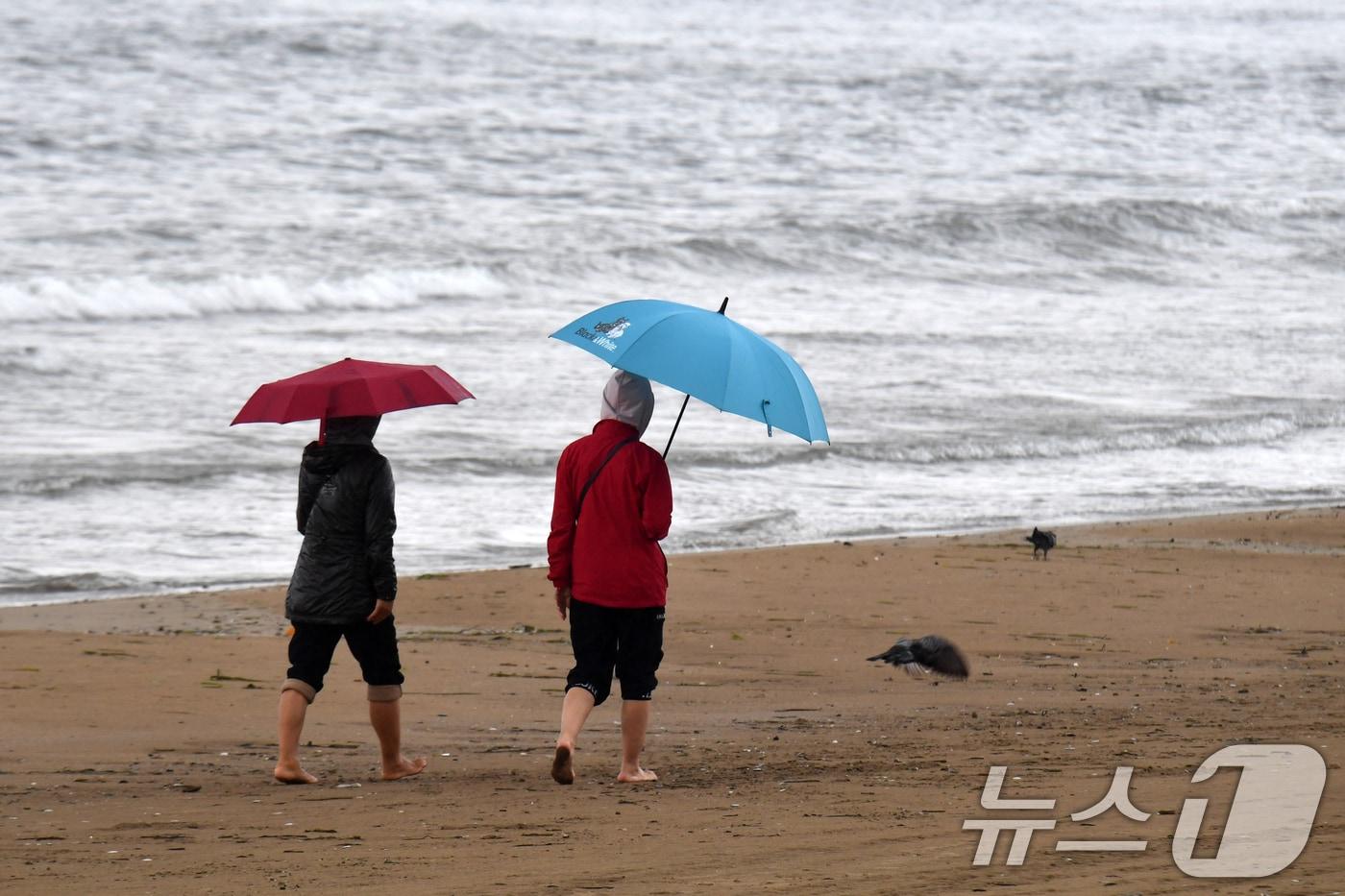 22일 오후 경북 포항시 북구 영일대해수욕장에서 시민들이 가을비를 반기며 맨발로 걸어가고 있다. 2024.10.22/뉴스1 ⓒ News1 최창호 기자