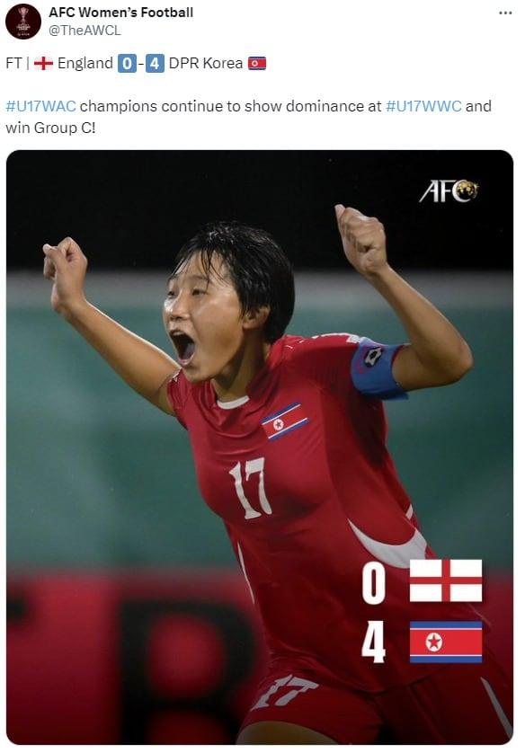 북한이 24일&#40;한국시간&#41; 열린 2024 FIFA U17 여자 월드컵 조별리그 최종전에서 잉글랜드를 4-0으로 완파했다. &#40;AFC SNS 캡처&#41;