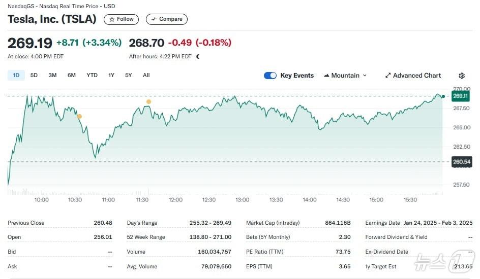 테슬라 일일 주가추이 - 야후 파이낸스 갈무리