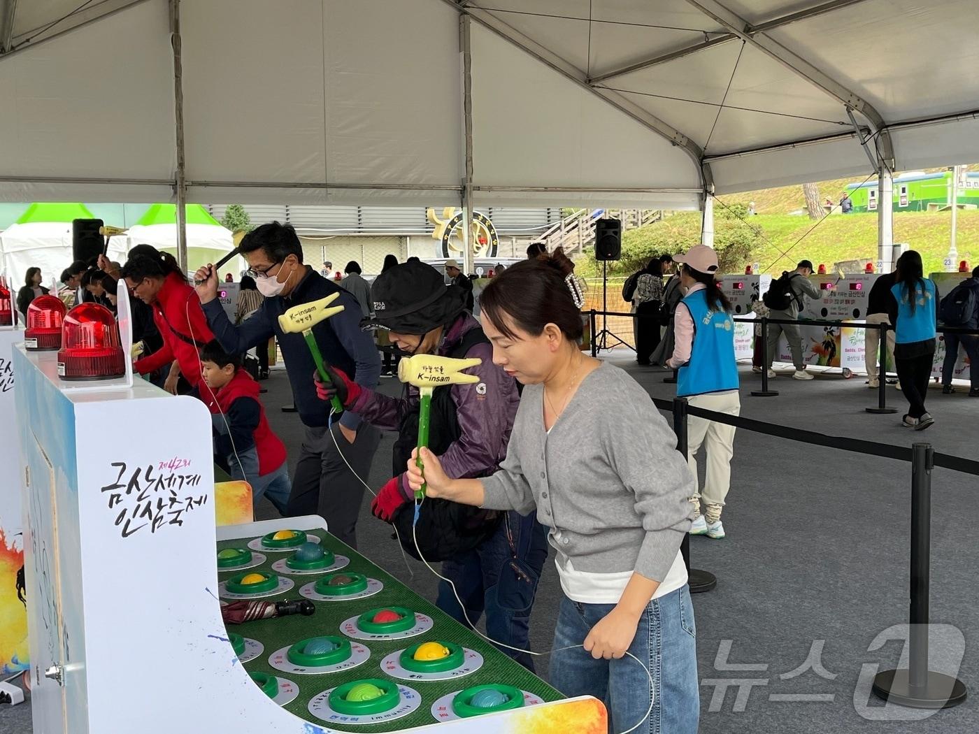 금산세계인삼축제를 찾은 관람객들이 추억의 두더지 게임을 즐기고 있다.&#40;금산군 제공&#41; / 뉴스1 