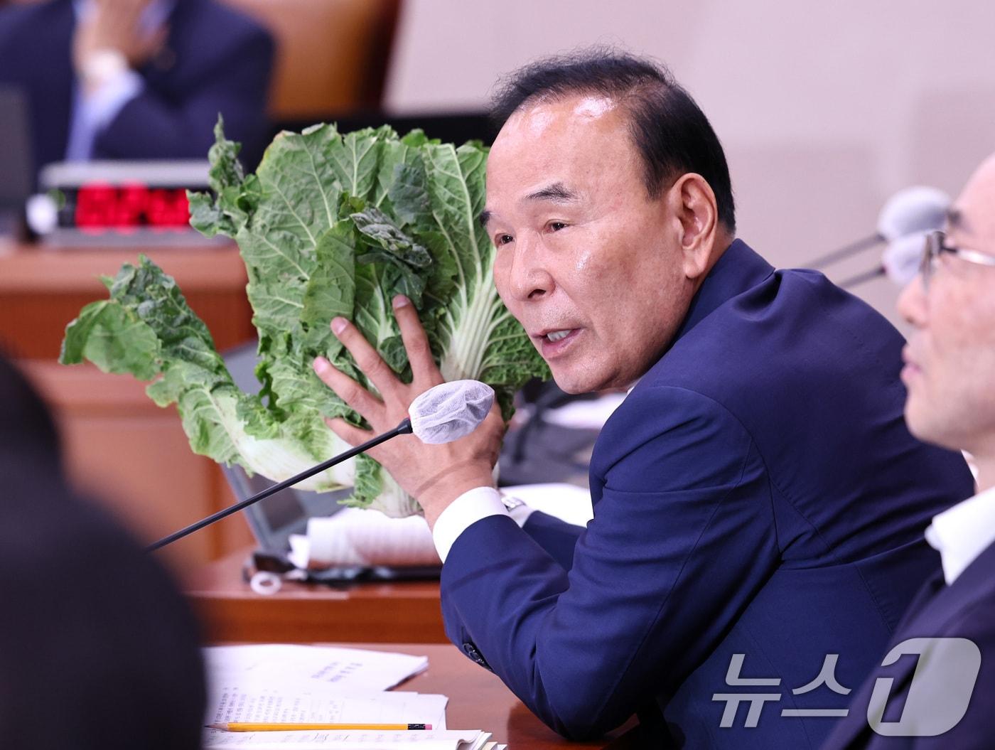 박덕흠 국민의힘 의원이 지난 7일 오전 서울 여의도 국회에서 열린 농림축산식품해양수산위원회의 농림축산식품부에 대한 국정감사에서 배추가격 관련 질의를 하고 있다. 2024.10.7/뉴스1 ⓒ News1 구윤성 기자