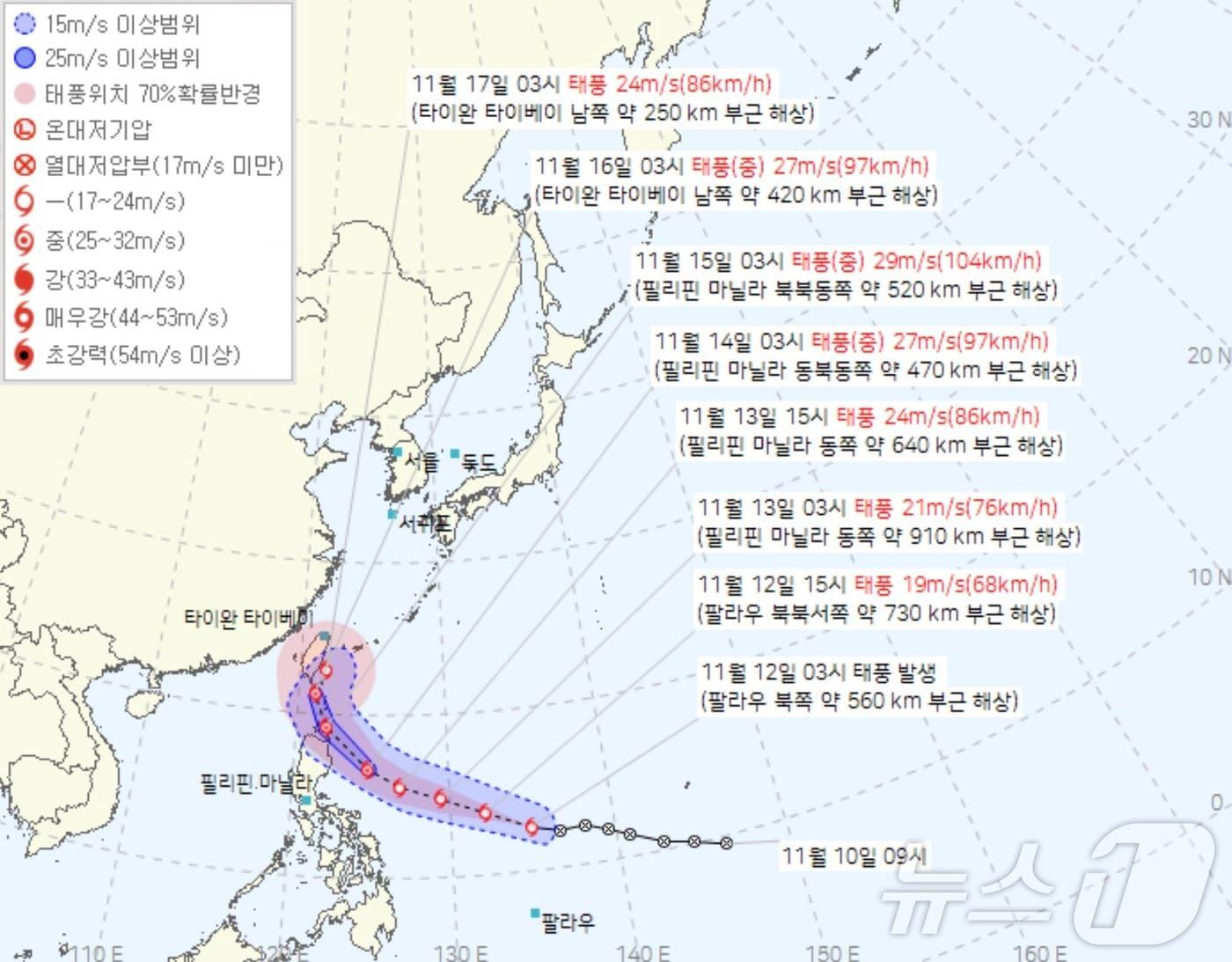 제25호 태풍 &#39;우사기&#39; 예상 이동 경로&#40;기상청 제공&#41; ⓒ 뉴스1