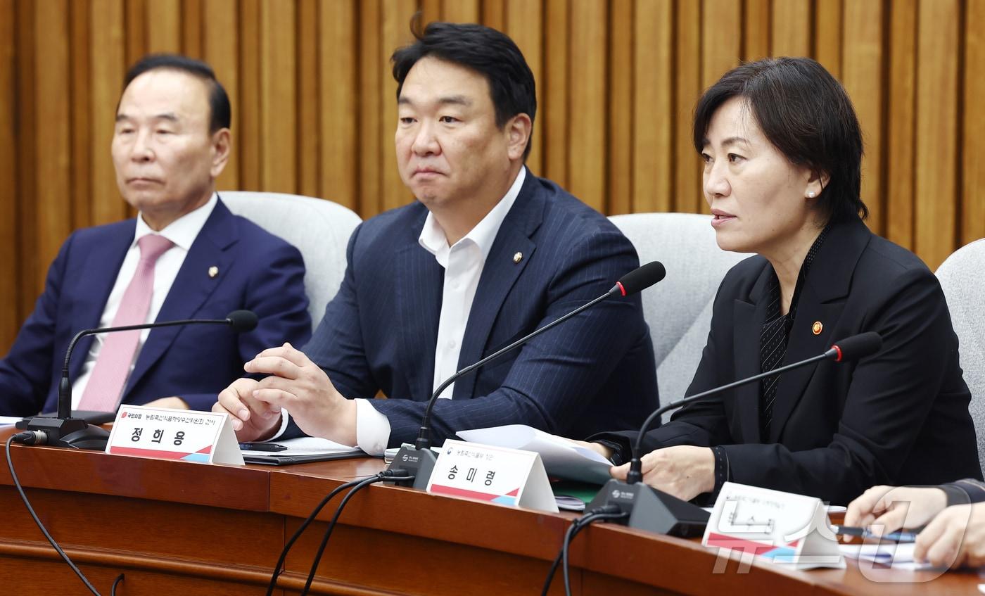 송미령 농림축산식품부 장관이 14일 오전 서울 여의도 국회에서 열린 &#39;쌀값 안정을 위한 실무 당정 협의회&#39;에서 인사말을 하고 있다. 오른쪽부터 송 장관, 정희용 농림축산식품해양수산위원회 국민의힘 간사, 박덕흠 의원. 2024.11.14/뉴스1 ⓒ News1 김민지 기자