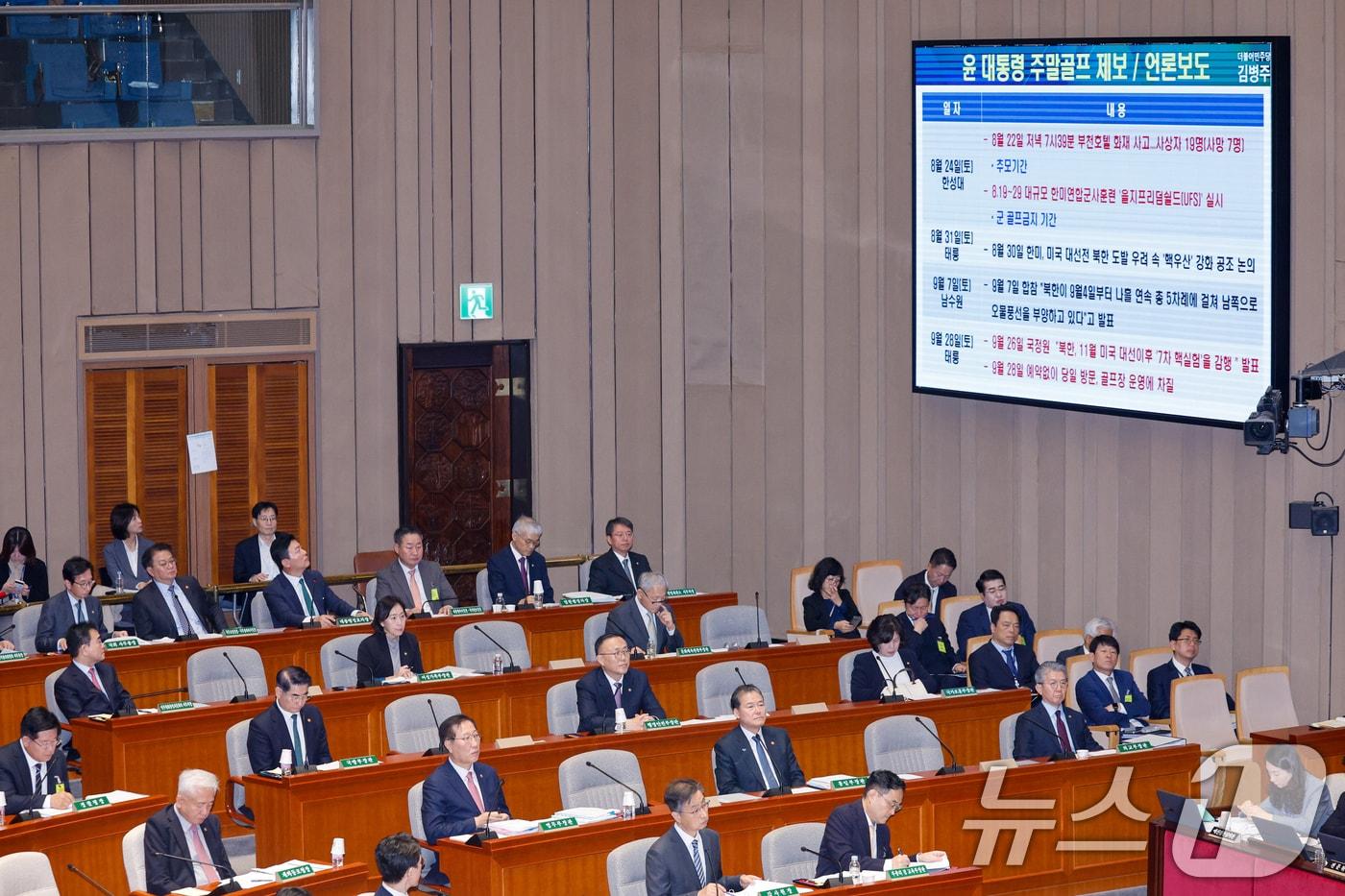 김성훈 대통령경호처 차장을 비롯한 국무위원들이 지난 11월 14일 서울 여의도 국회에서 열린 예산결산특별위원회 제418회국회&#40;정기회&#41; 제12차 전체회의에 출석해 윤석열 대통령 골프 라운드 관련 김병주 더불어민주당 의원 질의를 듣고 있다. 2024.11.14/뉴스1 ⓒ News1 안은나 기자