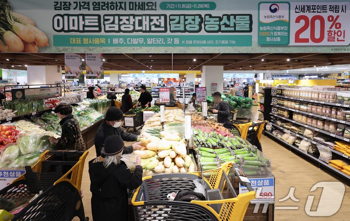 15일 서울 용산구 이마트 용산점에서 시민들이 김장 재료를 고르고 있다. 2024.11.15/뉴스1 ⓒ News1 황기선 기자