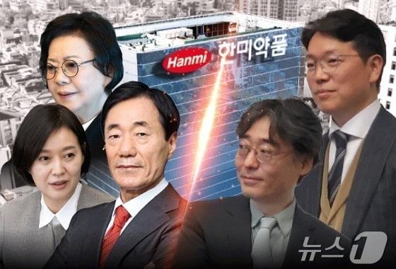 신동국 한양정밀 회장, 송영숙 한미그룹 회장, 임주현 부회장 등 대주주 3인 연합&#40;왼쪽&#41;과 한미약품 오너가 형제 측 임종윤 사장, 임종훈 한미사이언스 대표이사가 경영권 분쟁을 벌이고 있다.&#40;한미약품, 한양정밀 제공&#41;뉴스1 김지영 디자이너