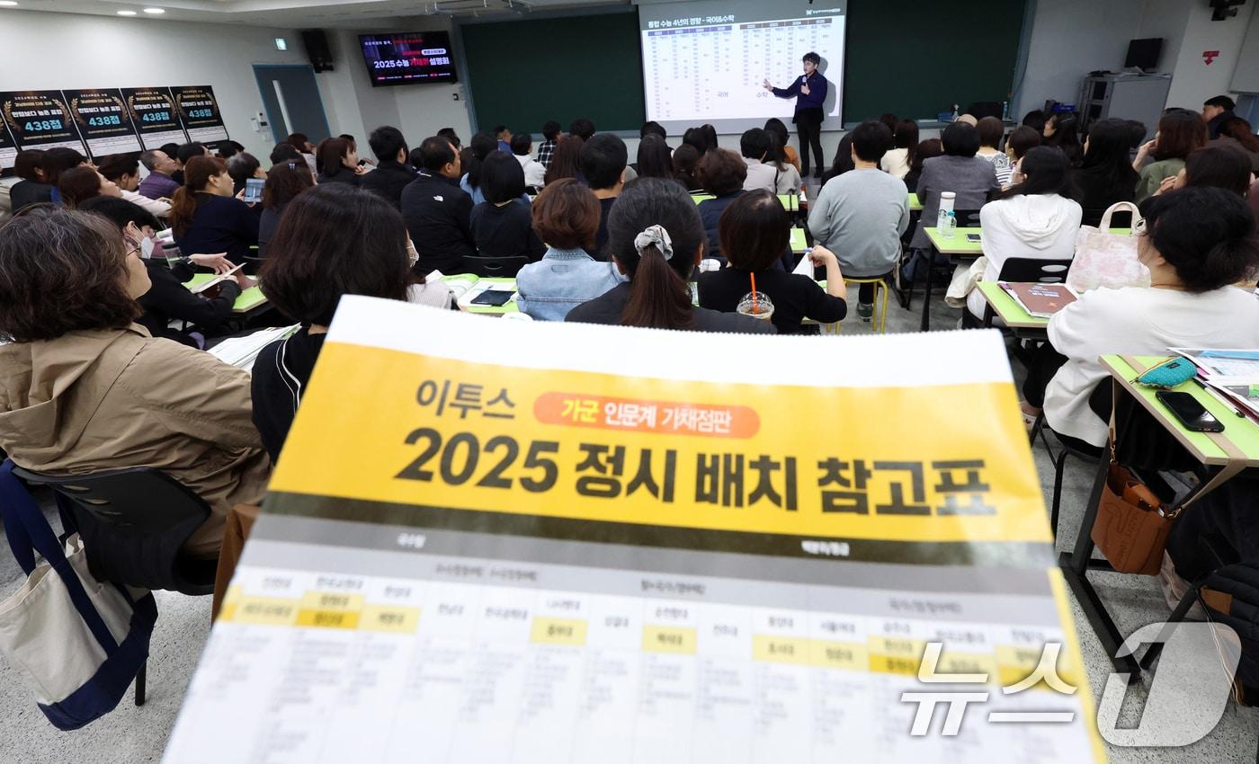 16일 서울 강남구 강남하이퍼학원 본원에서 열린 2025 수능 가채점 의약학계열 설명회에서 학부모들이 정시배치 참고표등 자료를 보며 설명을 듣고 있다. 2024.11.16/뉴스1 ⓒ News1 김명섭 기자