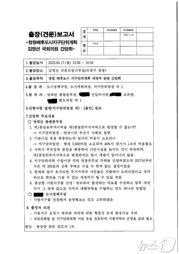 창원시의회 문순규 더불어민주당 의원이 19일 공개한 지난해 4월 김영선 의원 사무실에서 이뤄진 &#39;창원배후도시지구단위계획 김영선 국회의원 간담회&#39; 출장보고서.&#40;문순규 의원 제공&#41;