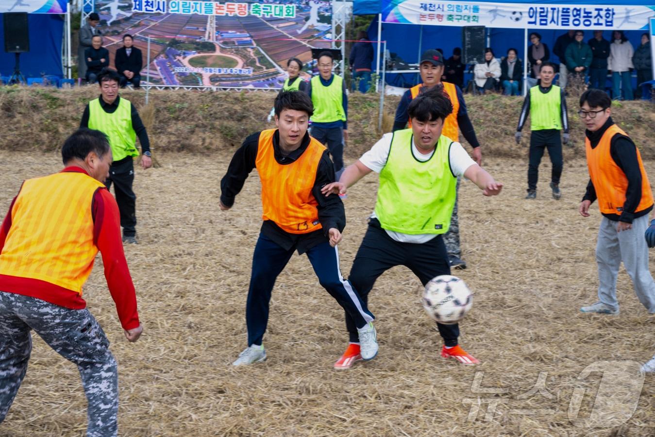  충북 제천에서 논두렁 축구대회가 열려 눈길을 끌고 있다.&#40;제천시 제공&#41;/뉴스1