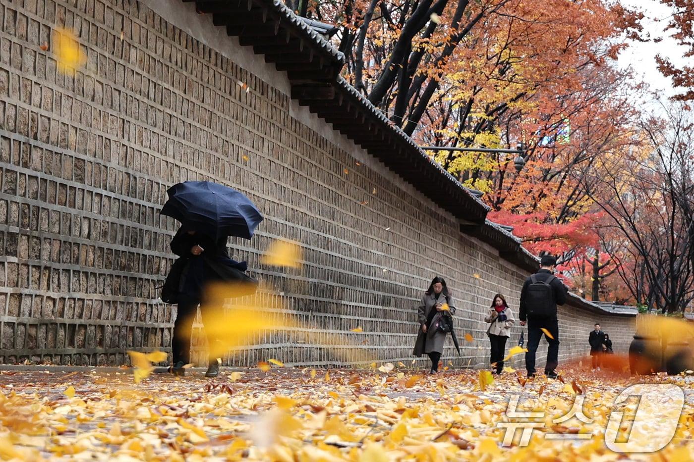 26일 오전 서울 중구 정동길에서 시민들이 낙엽 쌓인 거리를 걷고 있다. 기상청은 이날 전국에 비와 함께 강한 바람이 불다가 새벽에는 수도권에 첫눈이 내릴 것으로 예보했다. 2024.11.26/뉴스1 ⓒ News1 신웅수 기자