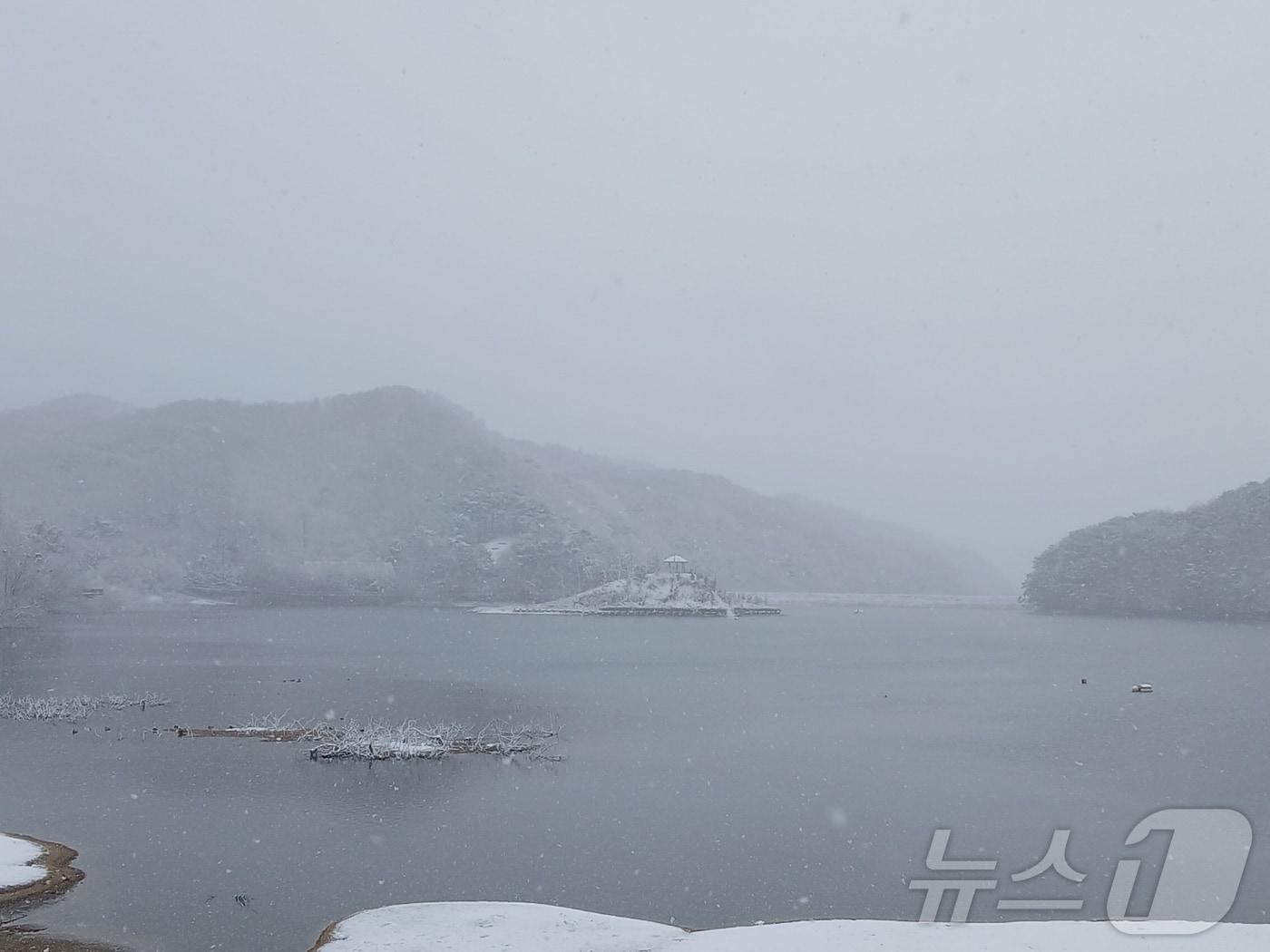 27일 강원 원주에 대설주의보가 내려진 가운데, 이날 오전 원주시 흥업저수지 주변에 눈이 내리고 있다. 2024.11.27./뉴스1 ⓒ News1 신관호 기자