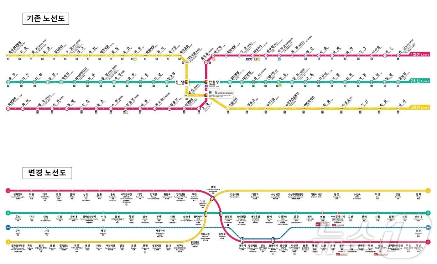 대구교통공사는 28일 도시철도 1호선 하양연장 구간 3개 역이 추가된 노선도 디자인을 정비했다고 밝혔다. &#40;대구교통공사 제공&#41;/뉴스1