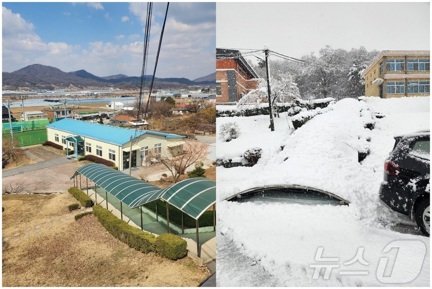 대설로 무너진 충북 음성 생극초 미막이 통로 지붕. 왼쪽은 무너지기 전 사진. &#40;충북교육청 제공&#41;/뉴스1