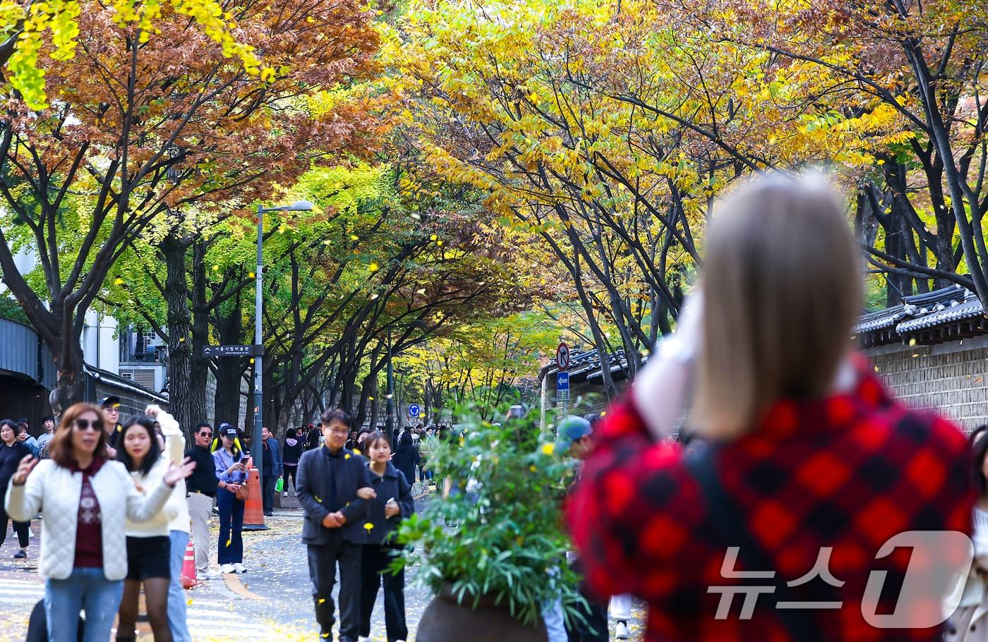 서울의 낮 최고기온이 24도 가까이 오르는 등 포근한 날씨를 보인 3일 오후 서울 중구 덕수궁 돌담길에 단풍이 물든 가운데 외국인 관광객들이 늦가을 정취를 즐기고 있다. 2024.11.3/뉴스1 ⓒ News1 김진환 기자