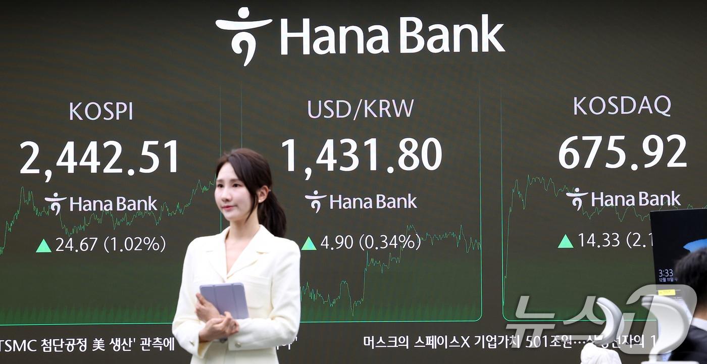 11일 서울 중구 하나은행 본점 딜링룸 전광판에 증시 종가가 표시되고 있다.  2024.12.11/뉴스1 ⓒ News1 김성진 기자