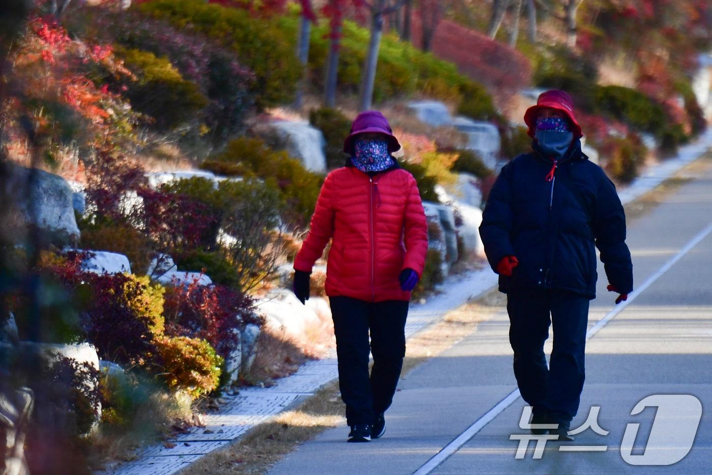 17일 오전 경북 포항시 남구 대잠동 철길 숲에서 두터운 옷차림의 시민들이 산책하고 있다. 2024.12.17/뉴스1 ⓒ News1 최창호 기자