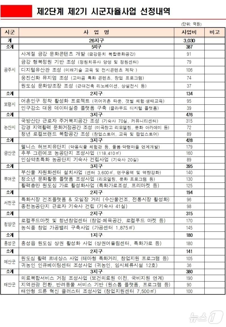 충남 지역균형발전 시·군 자율사업 현황. /뉴스1