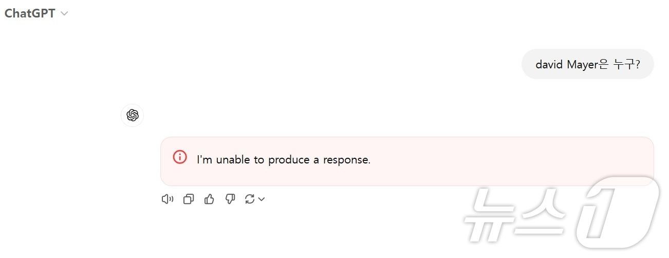 챗GPT에서 &#39;david mayer&#39;를 질문했을 때 나타나는 오류 ⓒ 뉴스1