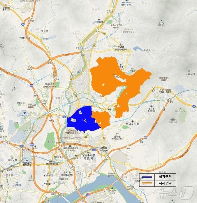 남양주 왕숙지구 토지거래허가구역 관련 도면 좌측은 허가구역 지정, 우측은 허기구역 해제.