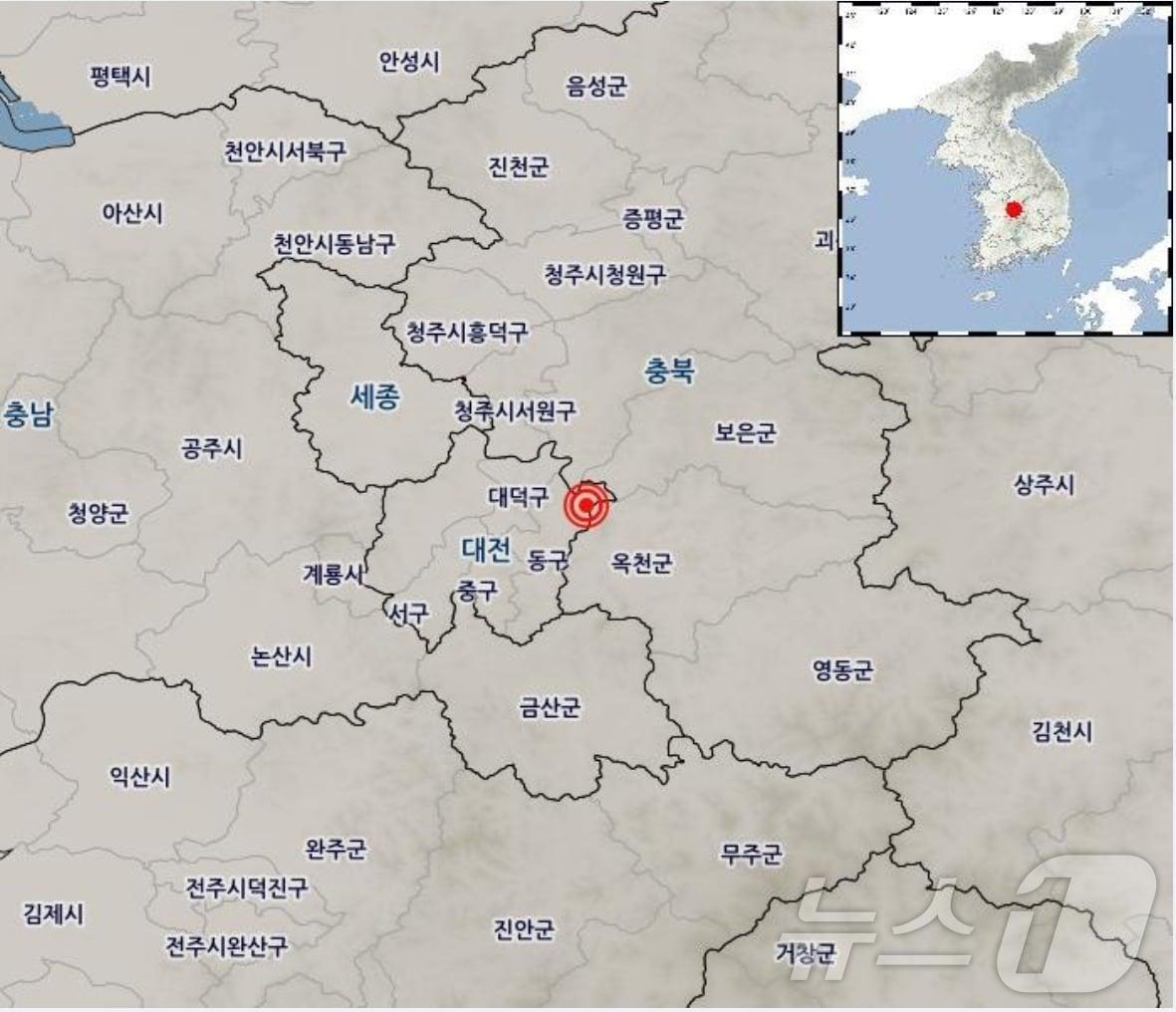 22일 오후 대전 동구 지진 발생 위치.&#40;기상청 누리집 갈무리&#41;