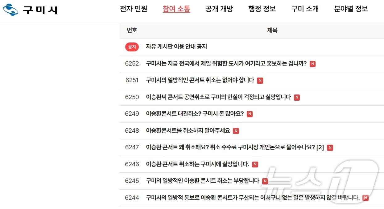 구미시가 23일 &#39;이승환 구미 공연 대관 취소&#39; 결정을 내리자 구미시청 홈페이지에 &#39;대관 취소 반대&#39;를 요구하는 게시물이 쏟아졌다. /뉴스1