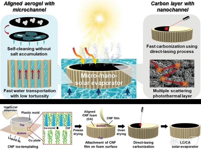 셀룰로오스 나노섬유와 CO2 레이저 탄화층을 결합한 하이브리드 구조의 친환경 태양열 증발기 개요.&#40;경희대 제공&#41;