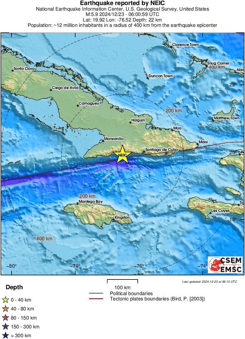 쿠바 동부 바야모 남남동쪽 바다에서 규모 5.9의 지진이 23일&#40;현지시간&#41; 발생했다. 2024.12.23/ &#40;유럽지중해지진센터 갈무리&#41;