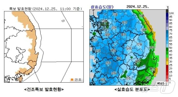 건조특보 발효현황 및 실효습도 분포도&#40;대구기상청 제공&#41;